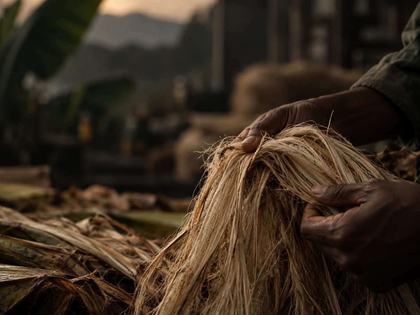 Hands processing natural plant fibre